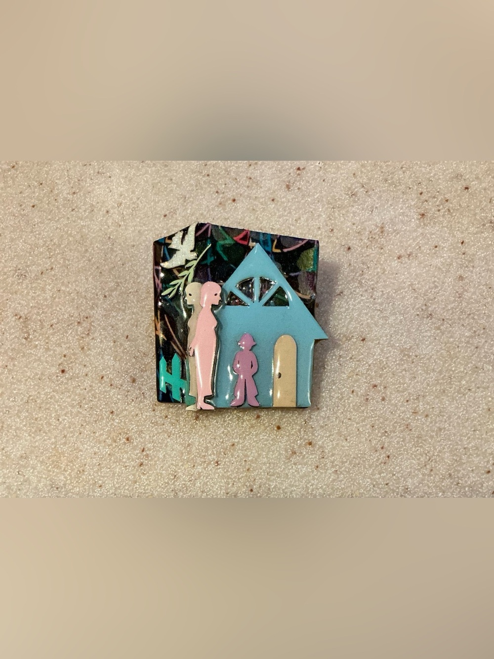 Pastel Blue & Pink House Family Enamel Brooch